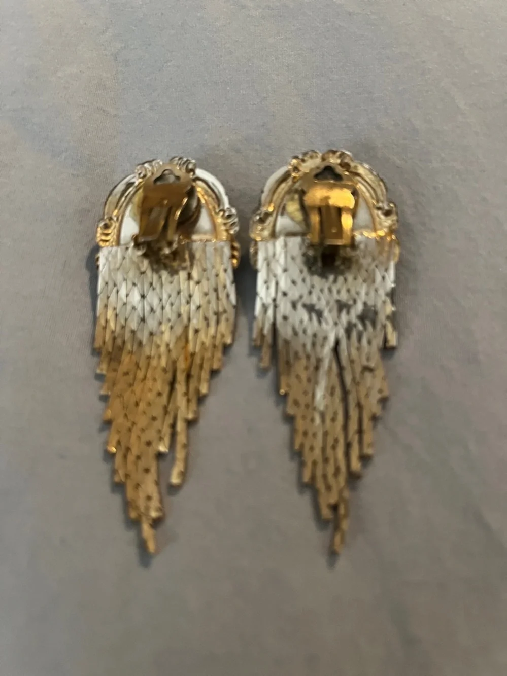 Vintage Gold-Tone Fringe Earrings with White Oval Cabochon - Picture 2 of 2